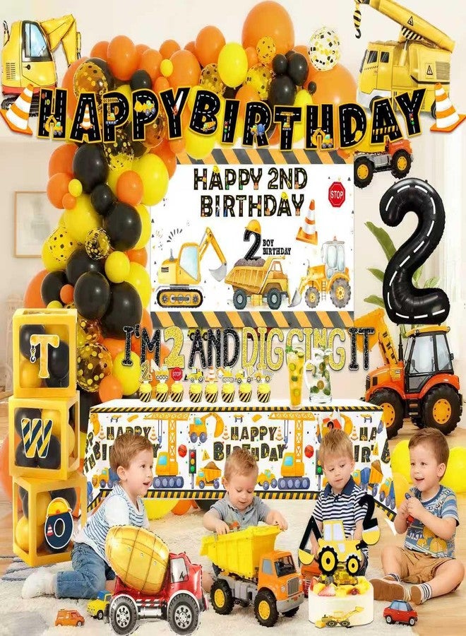 BEOXAGAR Construction 2nd Birthday Party Supplies Boy Dump Truck Digger Zone 2nd Birthday Decorations include Balloon Garland Balloon Box Highchair Banner Cake Topper Hat Backdrop Banner Tablecloth - Image 2